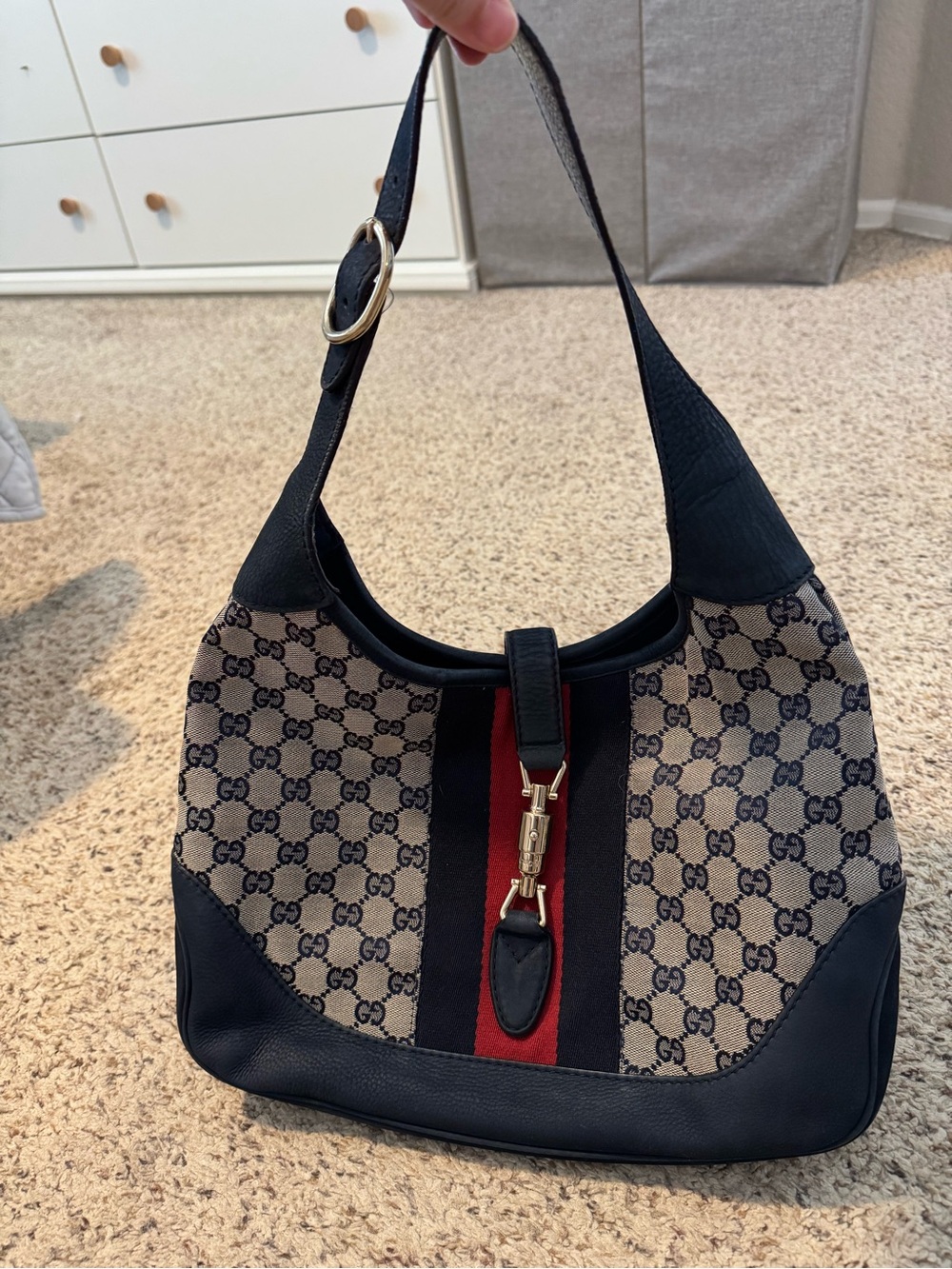 Gucci Jackie Hobo Navy GG Canvas Shoulder Bag with Blue Trim and Red Web Stripe